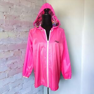 Fila Sport Hot Pink Lightweight Rain Jacket Womens Size M Lined Floral Hood Poly